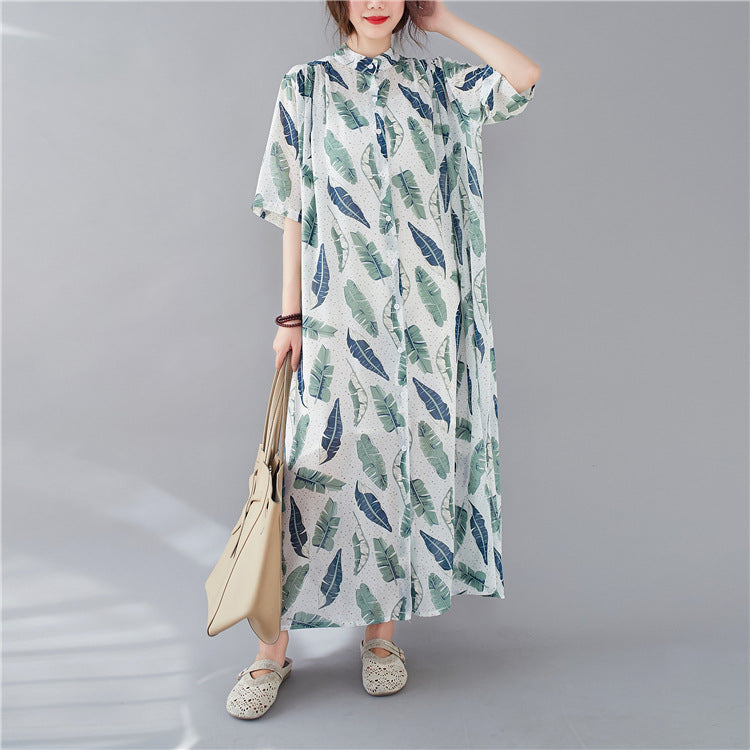 Women's Long Summer Shirt with Small Leaves Pattern