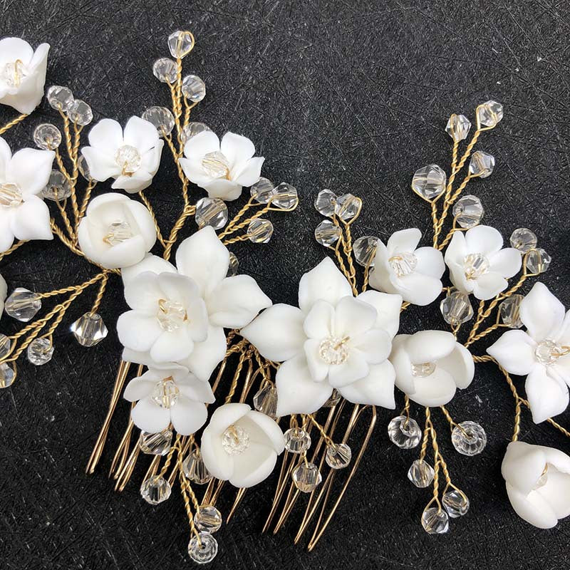Crystal Ceramic Flower Bridal Crown Hair Comb