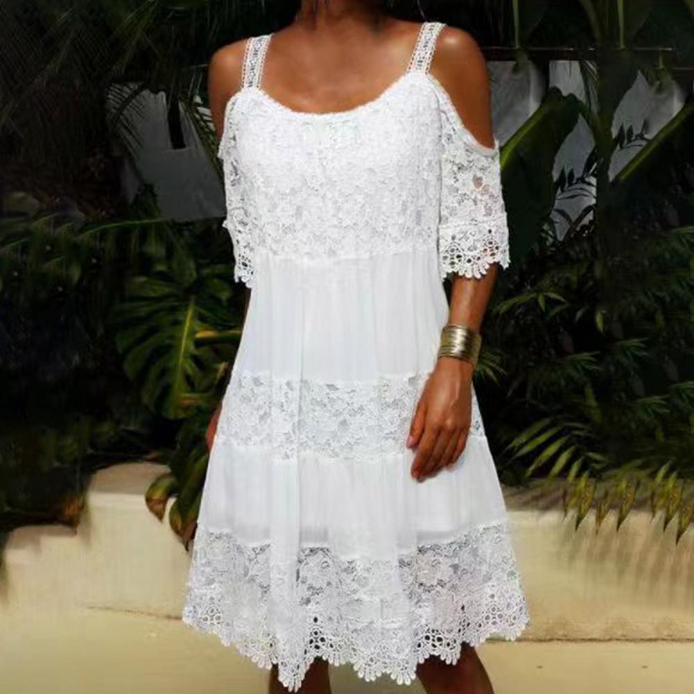 European And American Women's Clothing New Summer Chiffon Lace Stitching Vacation Style Solid Color Off-the-shoulder Strap Dress