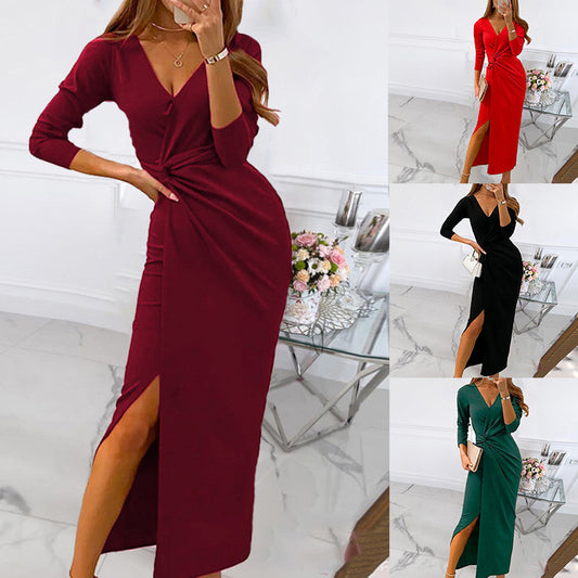 Evening Gift: Long-Sleeved Split Dress with V-Neck