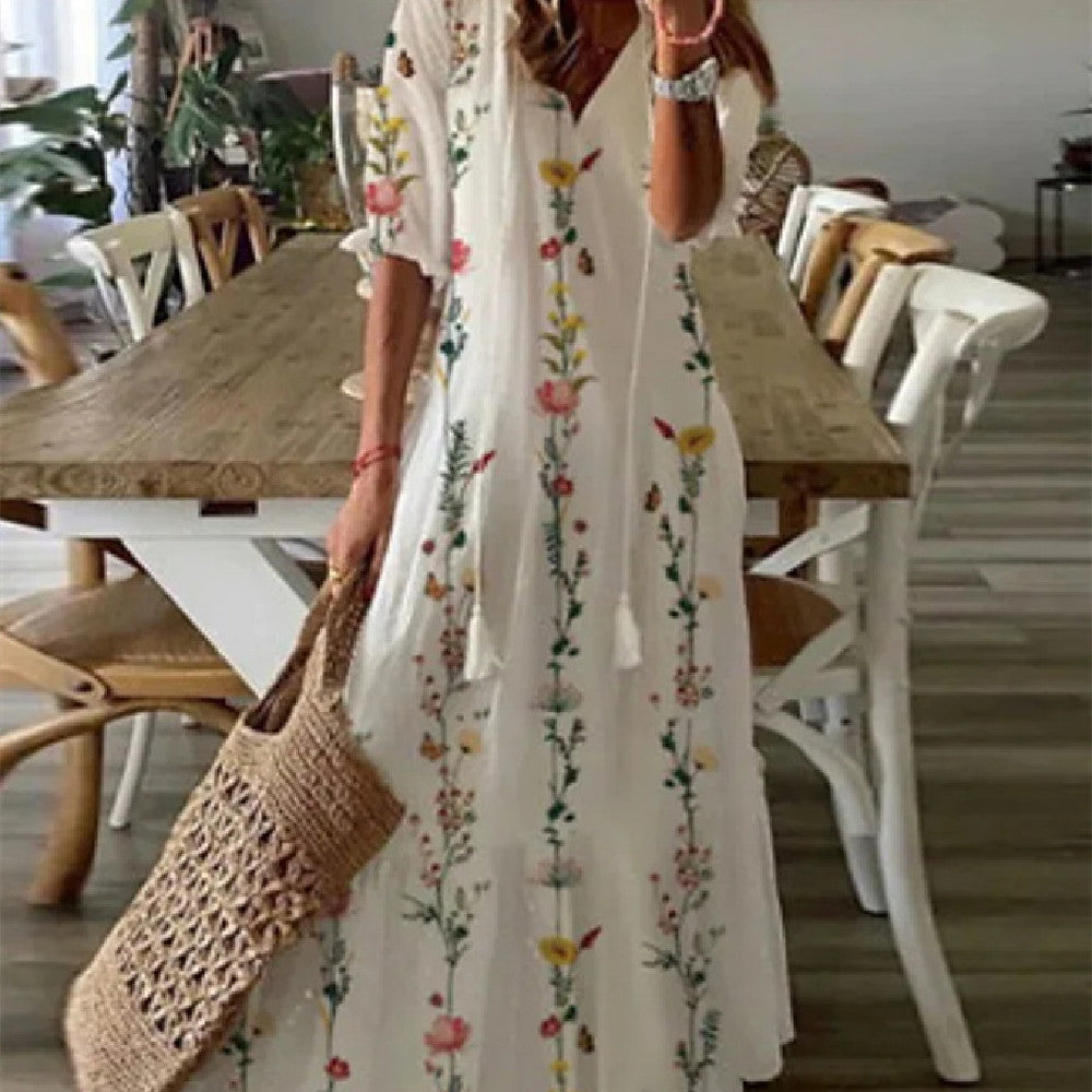 Women's Long Dress with Medium-Length Sleeves and Printed Design