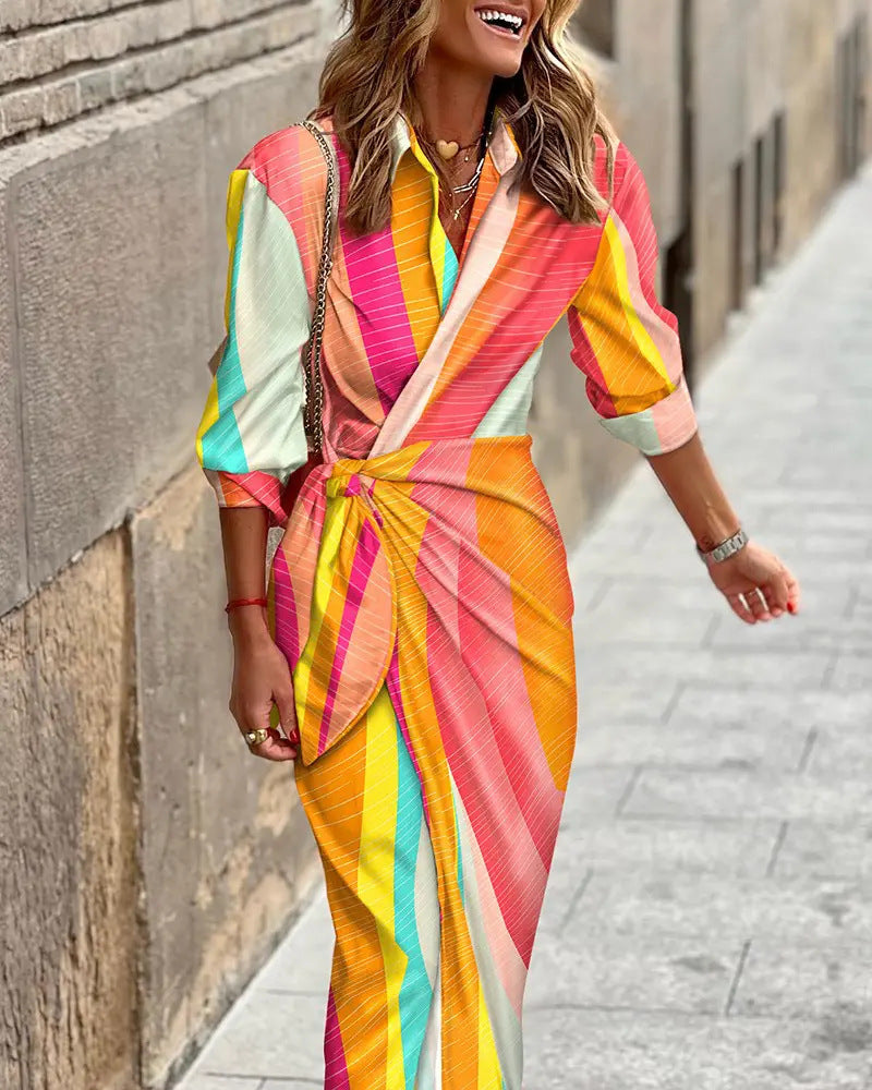 European and American-Style Cardigan Dress with Lace-Up Detail and Striped Print