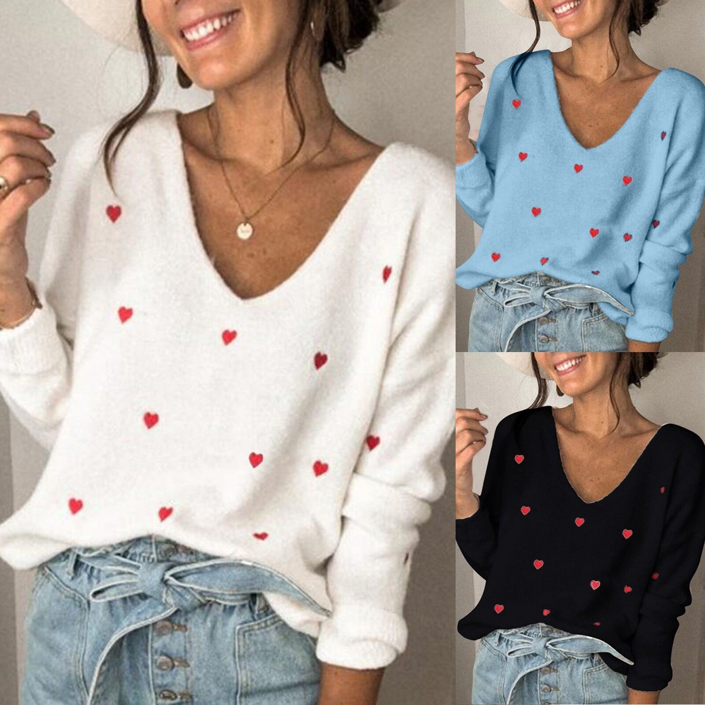 Heart Printed Long Sleeve V-Neck Sweater Tops with Pullovers