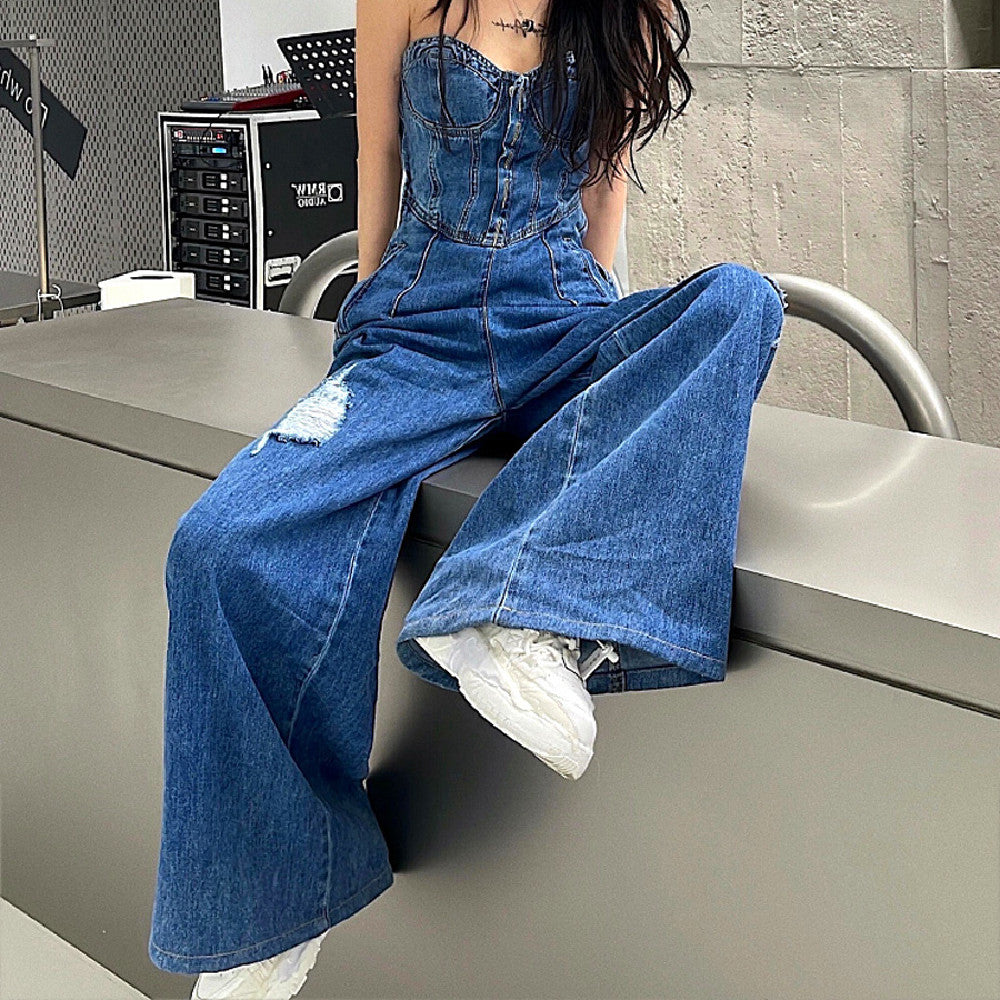 Women's Sexy Bra Denim Jumpsuit