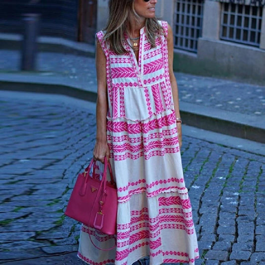 Geometric Print V-Neck Sleeveless Maxi Dress for Women