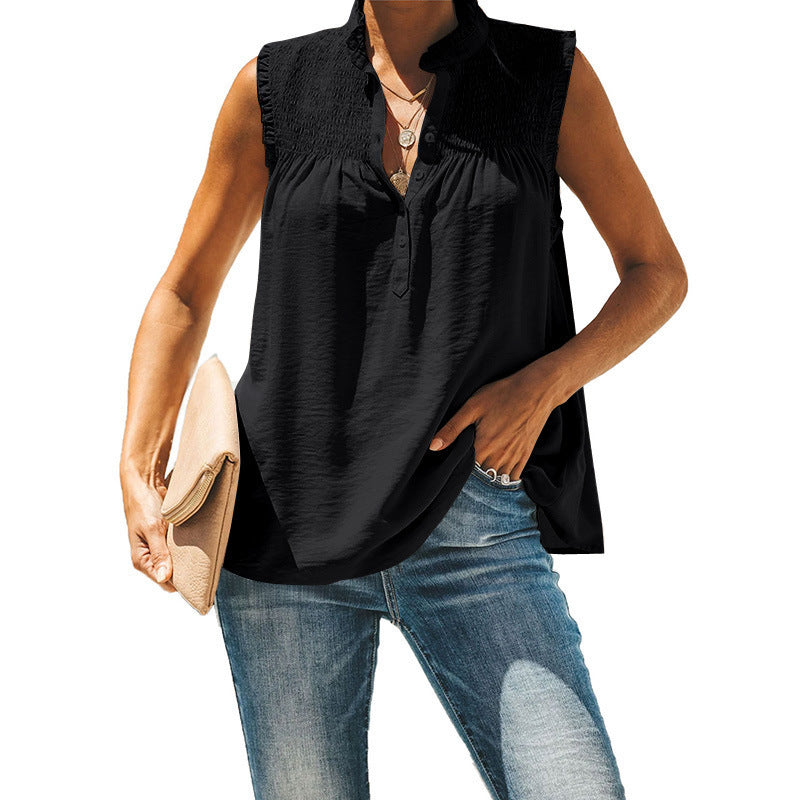 Women's Fashion Smocked V-Neck Sleeveless Shirt Top