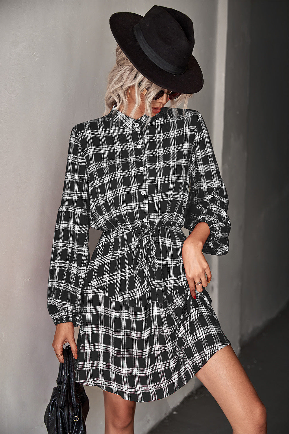 Plaid Band Collar Drawstring Shirt Dress