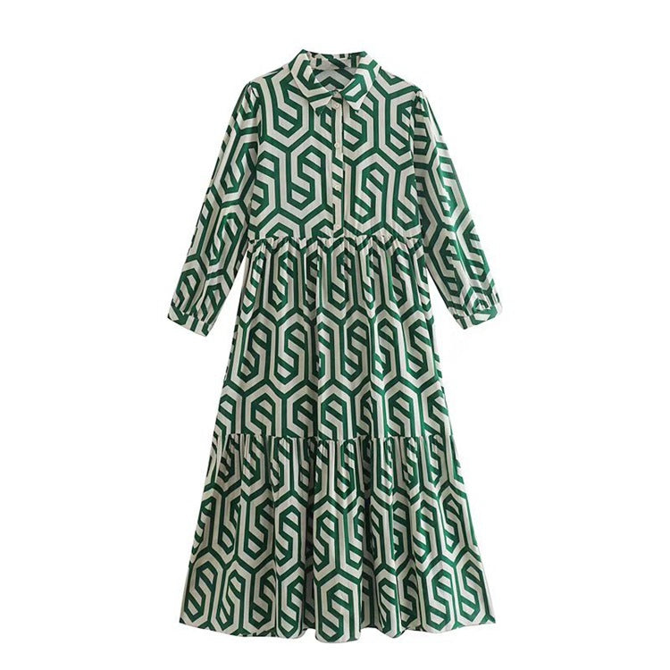 Embrace Retro Vibes with a Geometric Pattern Printed Long Dress for Women