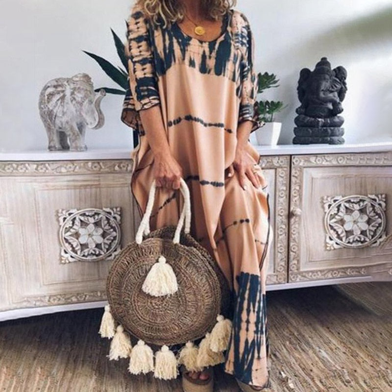 Loose round neck print long skirt dress