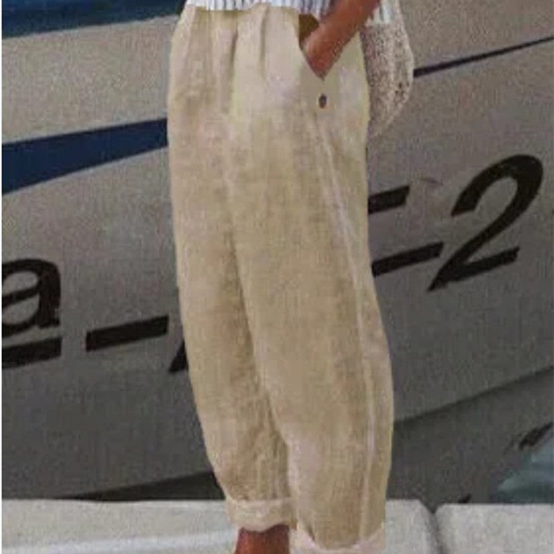 Women's Commuter Cotton Linen Straight Pants with Temperament and Convenient Pockets