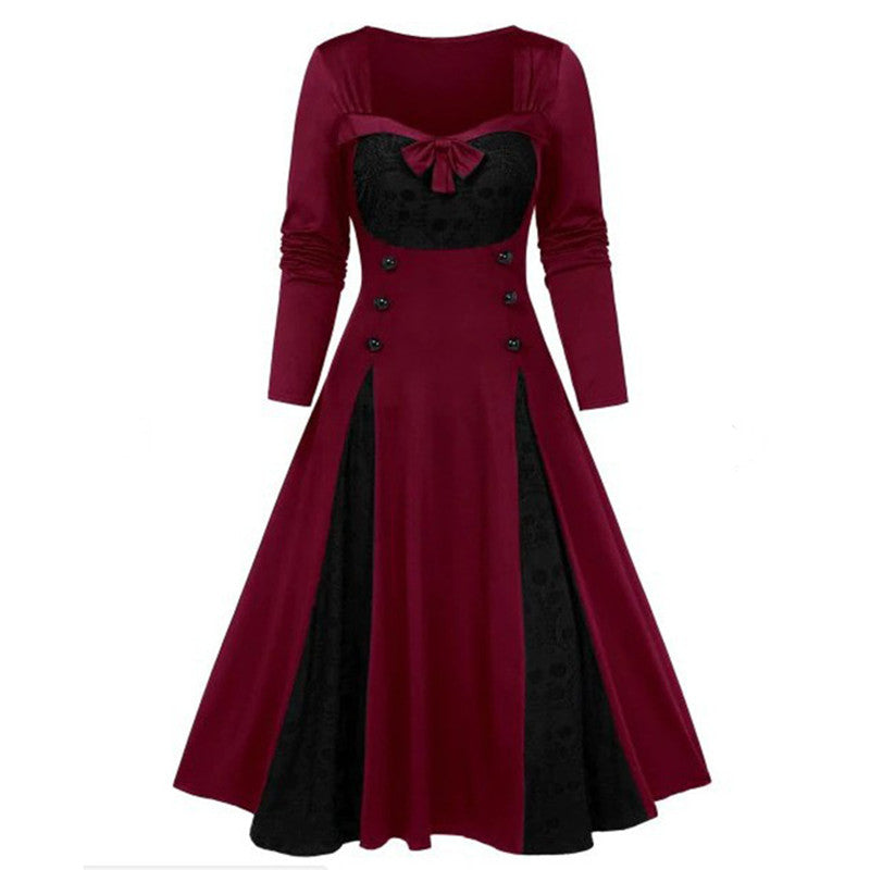 Fashionable Women's Dress with Contrast Color Lace Stitching