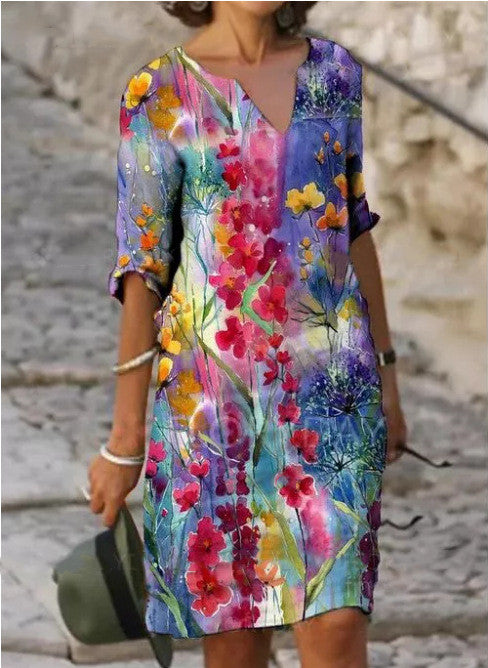 Mid-Length Dress with Floral Print in a Loose and Large Size, Featuring a V-Neck