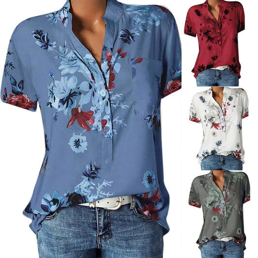 Fashion Flower Printed Tops V-neck Short Sleeve Shirt