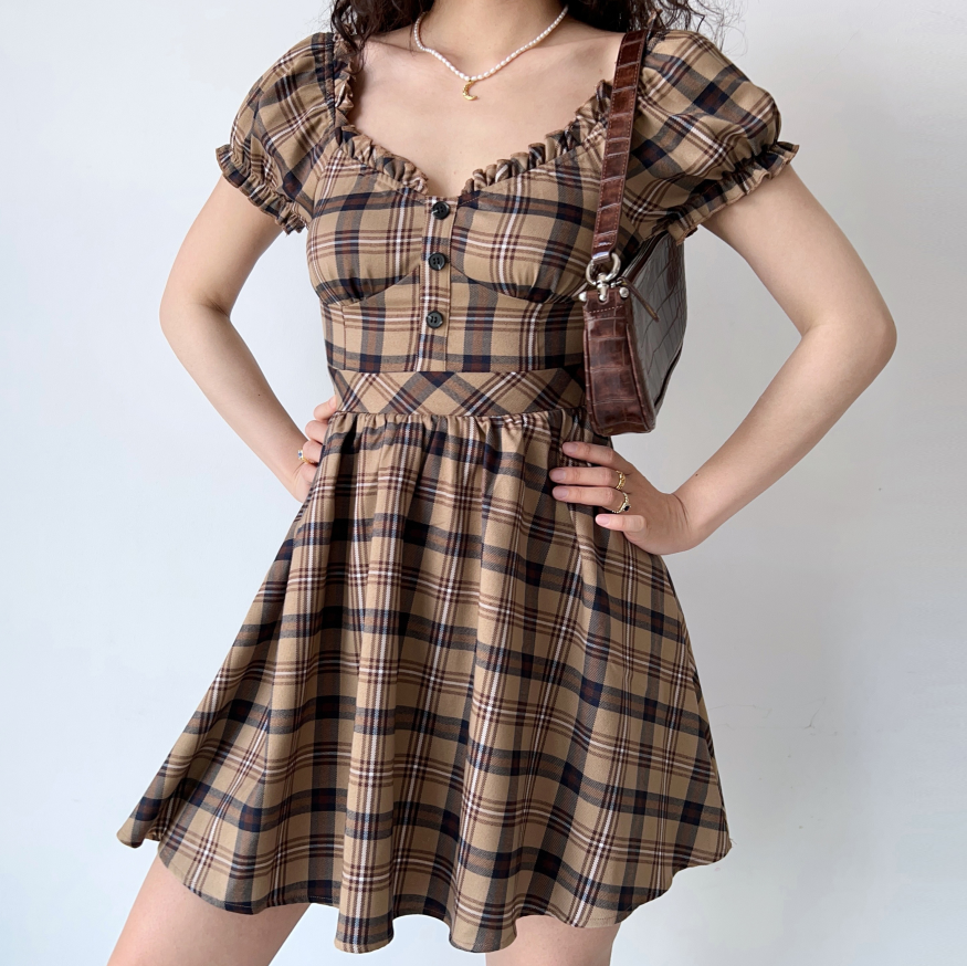 Vintage V Neck Bubble Sleeve Plaid Dress