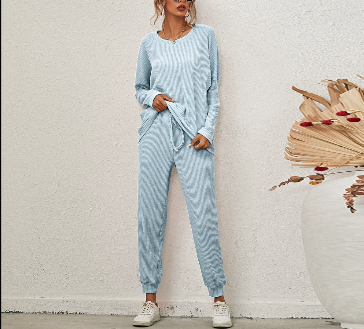 Solid Color Long Sleeve Loose Casual Suit Homewear Pajamas
