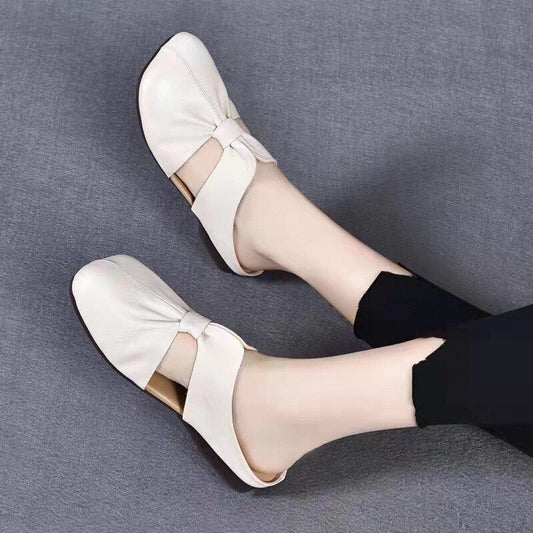 Step into Comfort and Style with Soft Leather Bottom Square Bow Women's Slippers