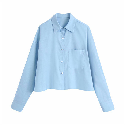 College-Style Linen Top Shirt with Pocket Detail"