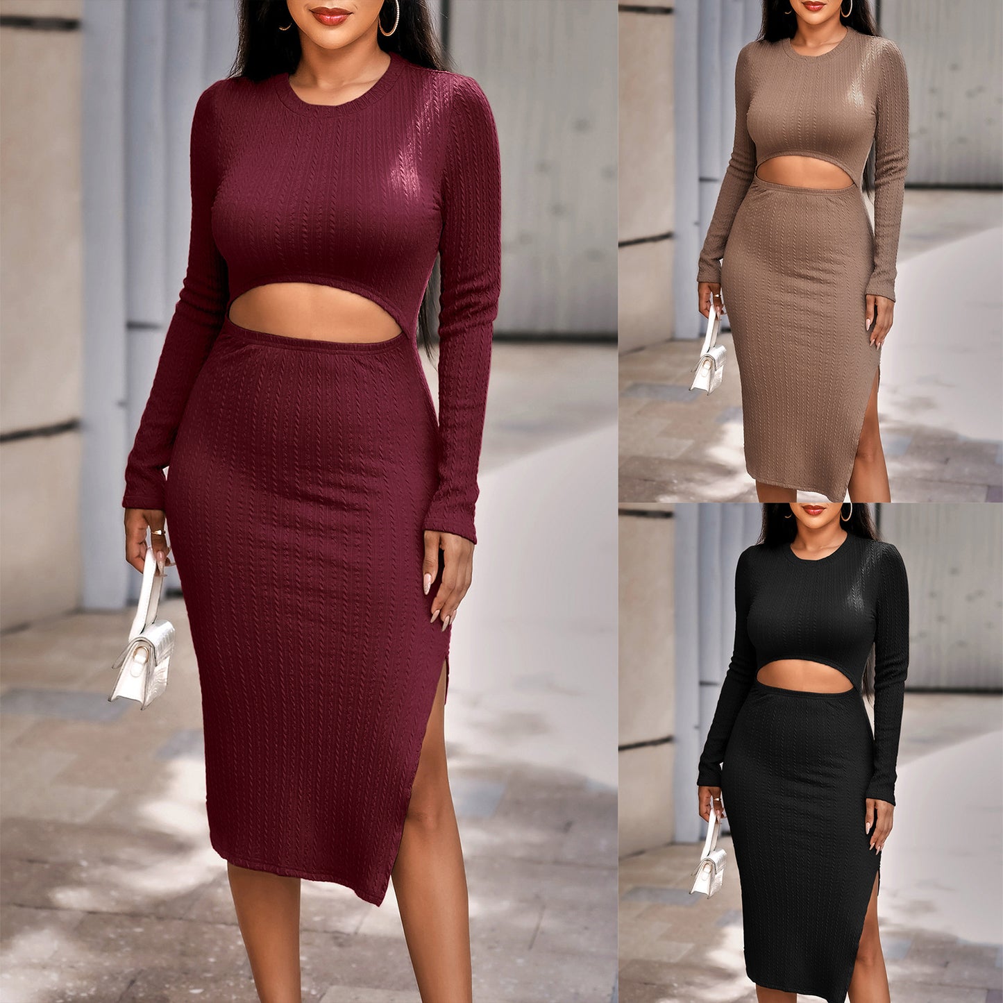 Fashion Casual Solid Color Round Neck Vulnerability Dress