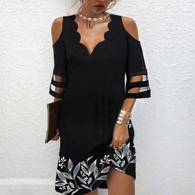 Casual Floral Dress for Women with Short Lace Patchwork Sleeves and Loose Fit