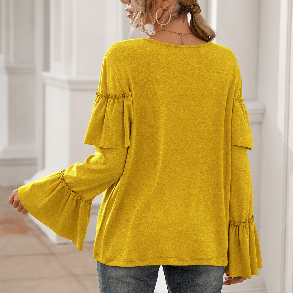 Casual Ruffled Stitching Long-sleeved Solid Color Mid-length T-shirt Top Women