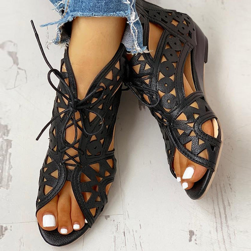 Lace-Up Front Fish Mouth Cutout Low Wedge Back Zip Ladies Sandals