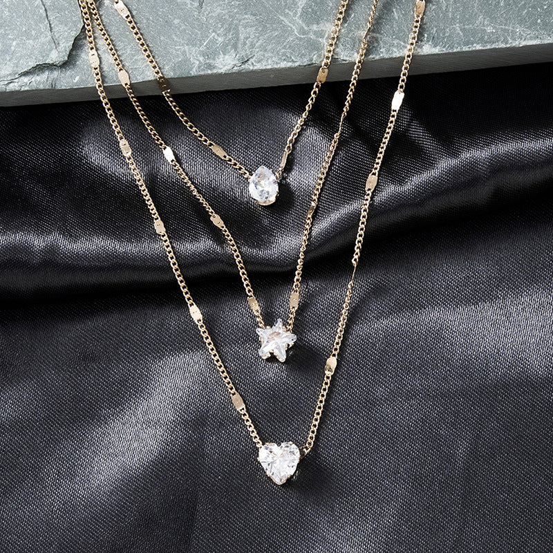 Fashion Simple Multi-layer Five-pointed Star Heart Water Drops Pendant Vintage Necklace