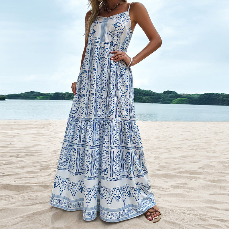 Step into Summer with a Chic Blue Print Bohemian Style Sling Dress for Women