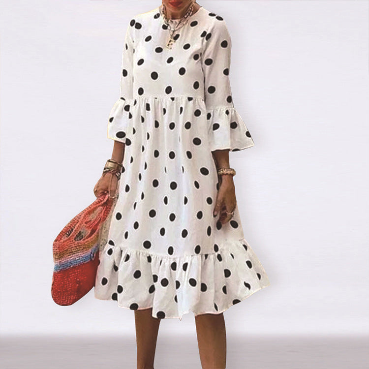 Polka Dot Ruffled Dress: Women's Elegant Slimming Round Neck Design