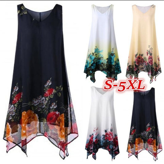 Large Size Women's Sleeveless V-neck Chiffon Positioning Flower Irregular Dress