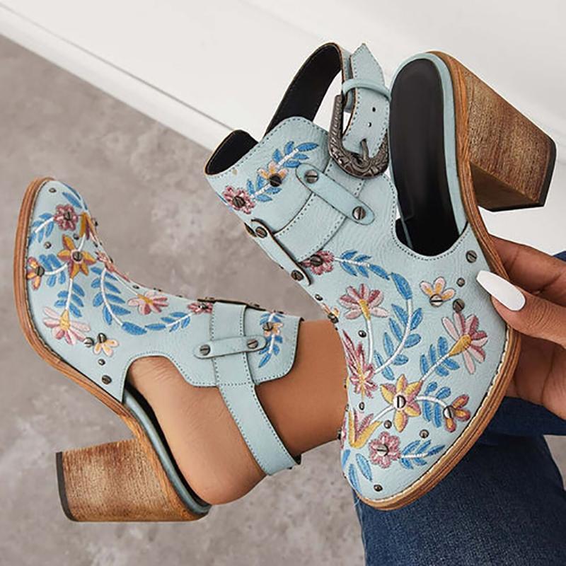 Flowers Rivet Sandals Women Vintage Embroider Chunky High Heels Shoes With Buckle Pumps