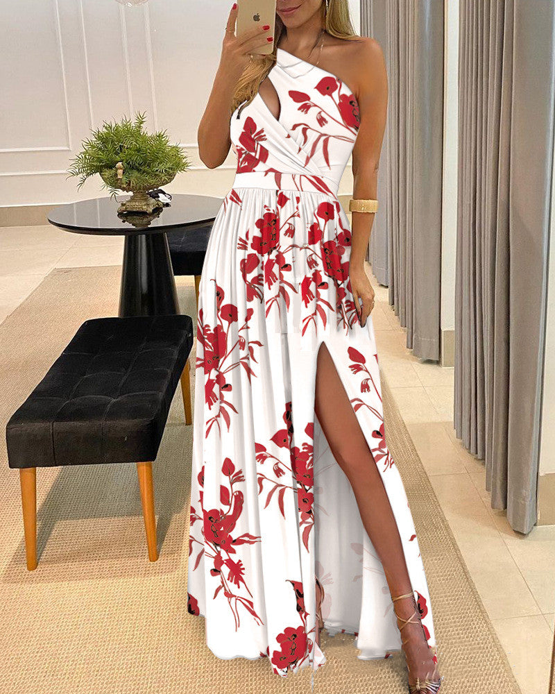 Sexy Solid Color One-shoulder Hollow Halter Neck High-waist Split Long Dress