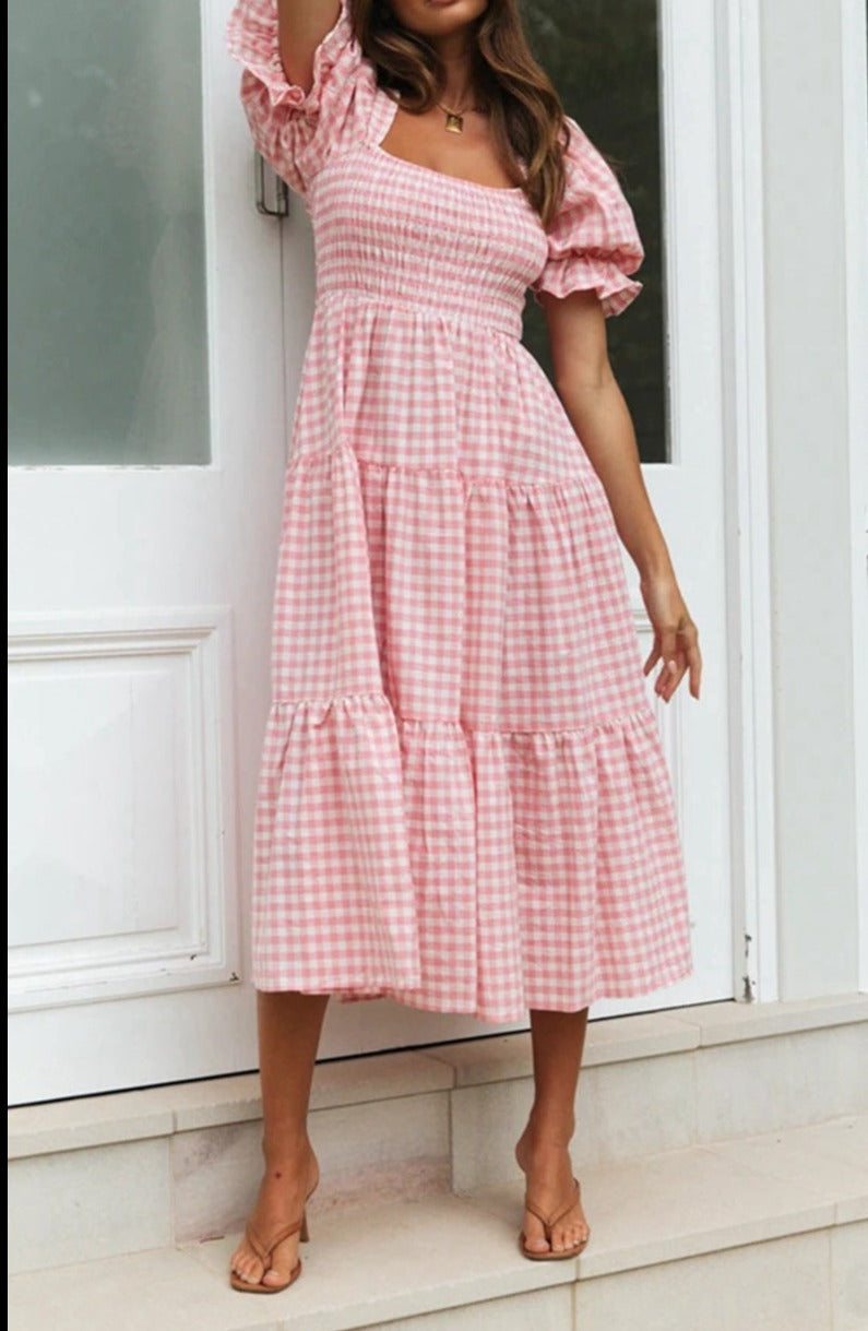 Plaid Dress Square Collar Puff Sleeve High Waist