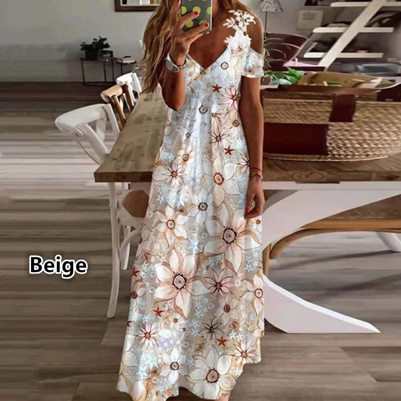 Women's Summer New Lace Sling V-neck Fashion Printed Loose Dress