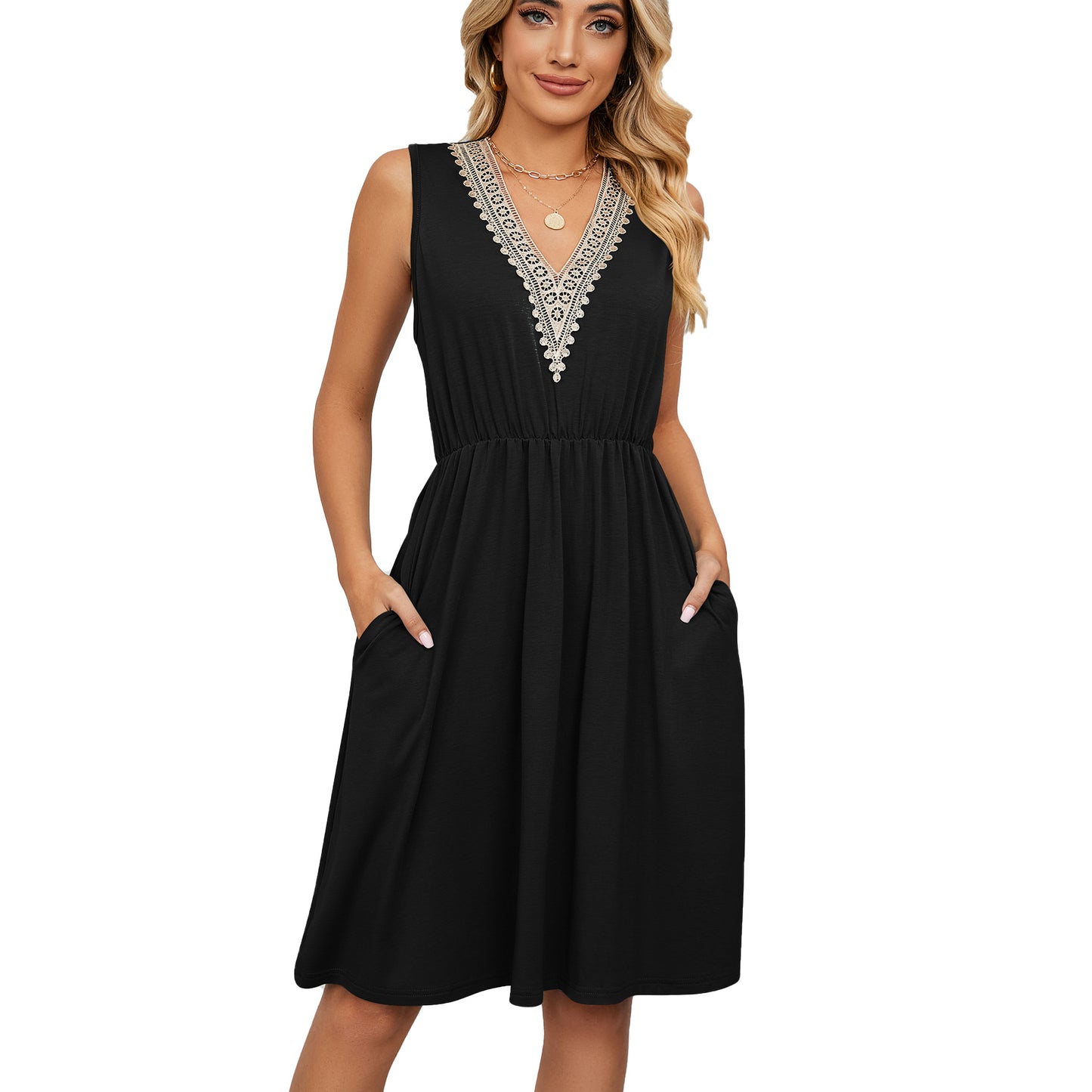 Lace Panel Sleeveless Pocket Waist Dress