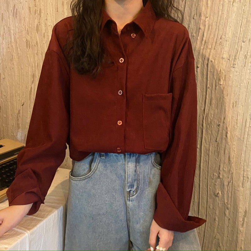 Hong Kong-Style Corduroy French Shirt with Long Sleeves for Women