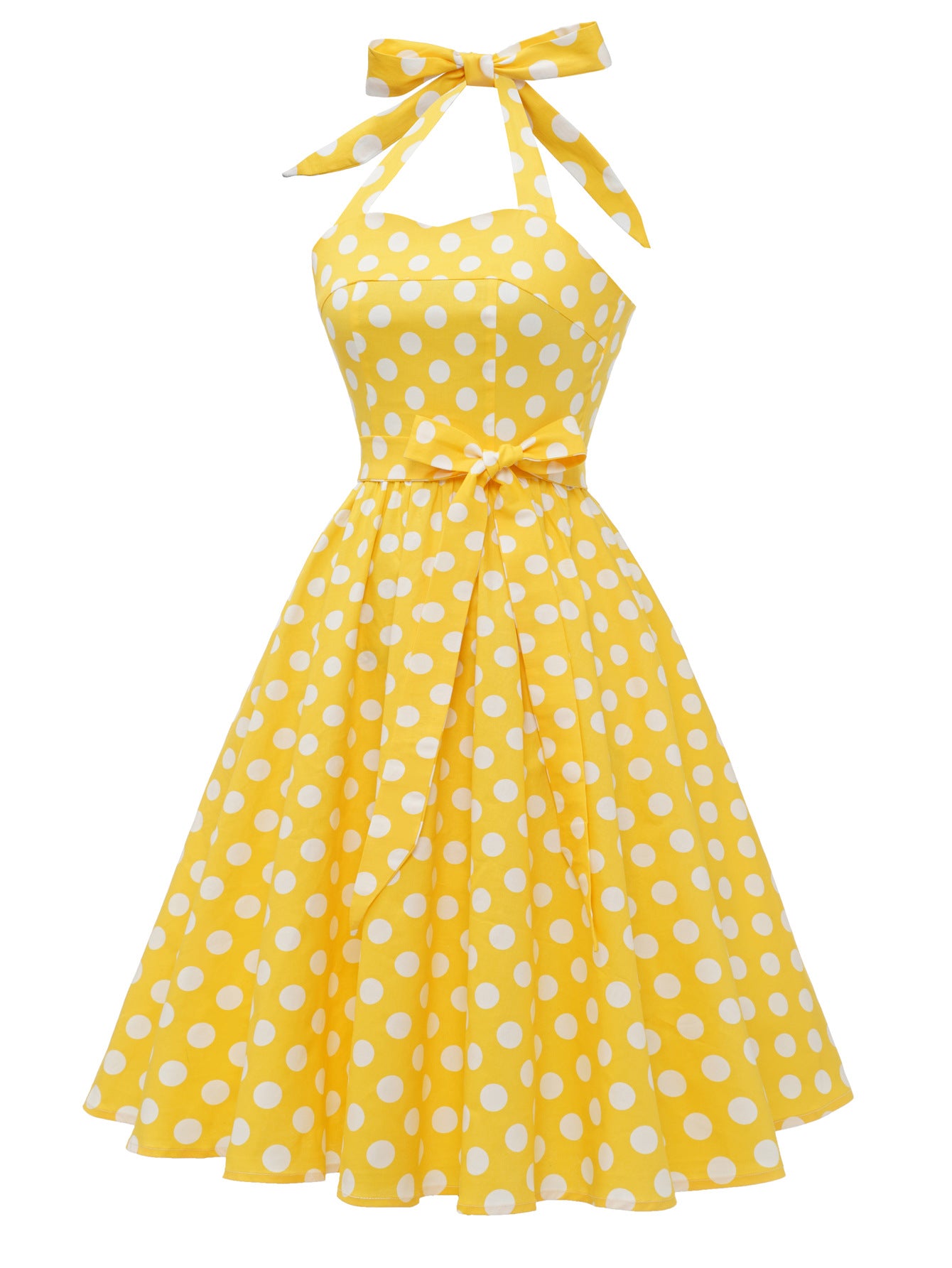 Vintage Polka Dot Halter Dress with Lace-Up Detail and Puff Sleeves