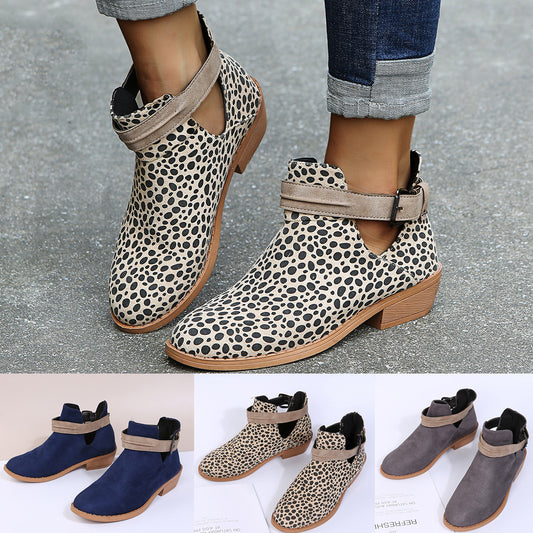 Stylish Leopard Print V Cutout Ankle Boots with Buckle for Women