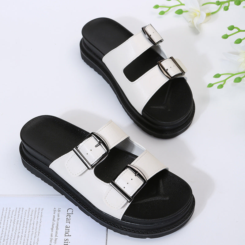 Women Slippers Double Buckle Platform Sandals British Style Shoes