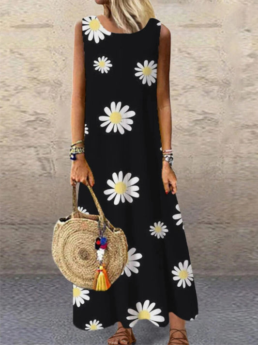 Home Dress with Printed Round Neck and Long Skirt