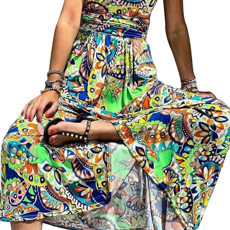 Printed One Shoulder Sleeve Boho Maxi Dress Women's