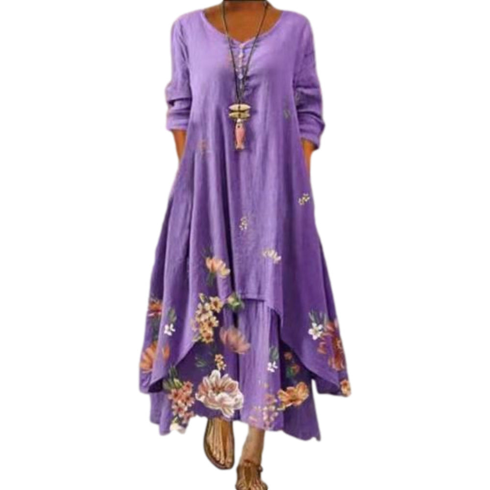 Printed Long-Sleeved Dress for Women with Irregular Hem Long Skirt