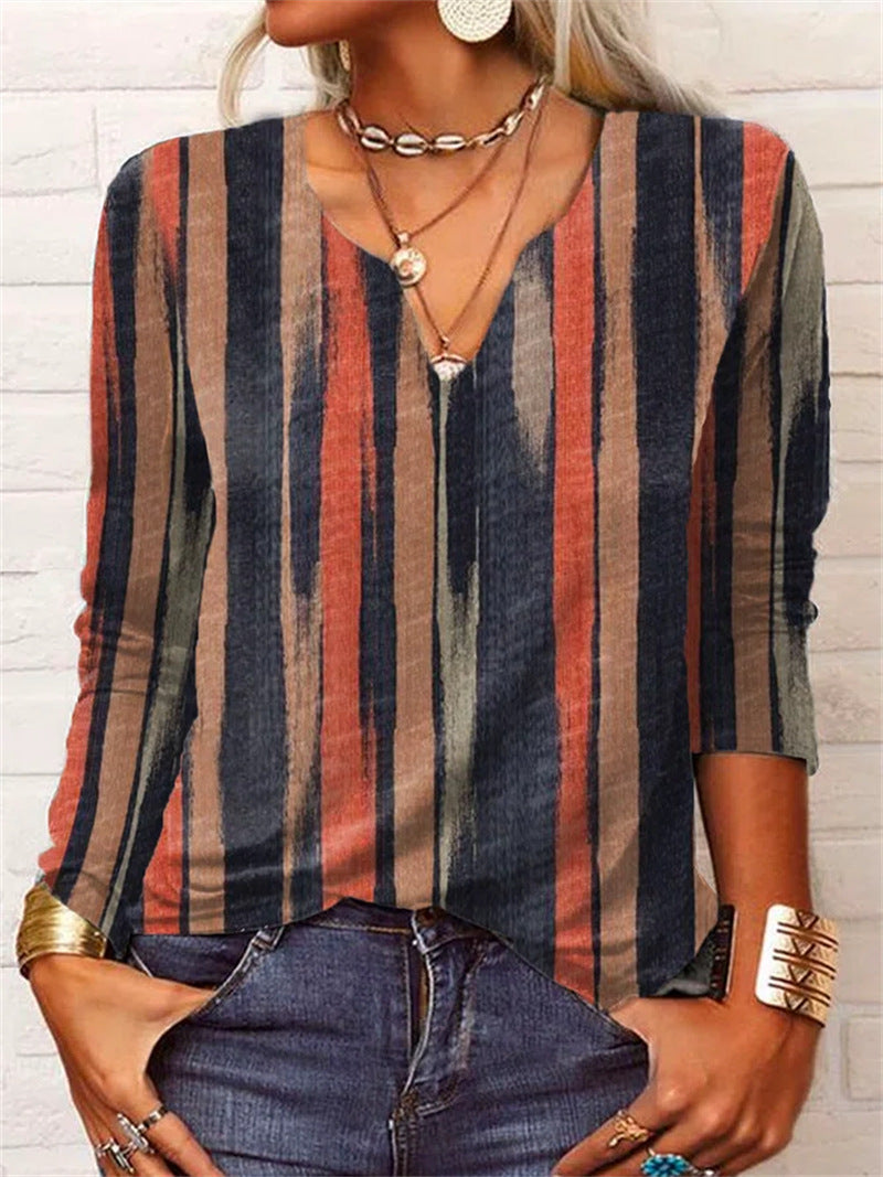 Women's Fashion Simple Loose Long Sleeve Striped V-Neck Bottom Shirt