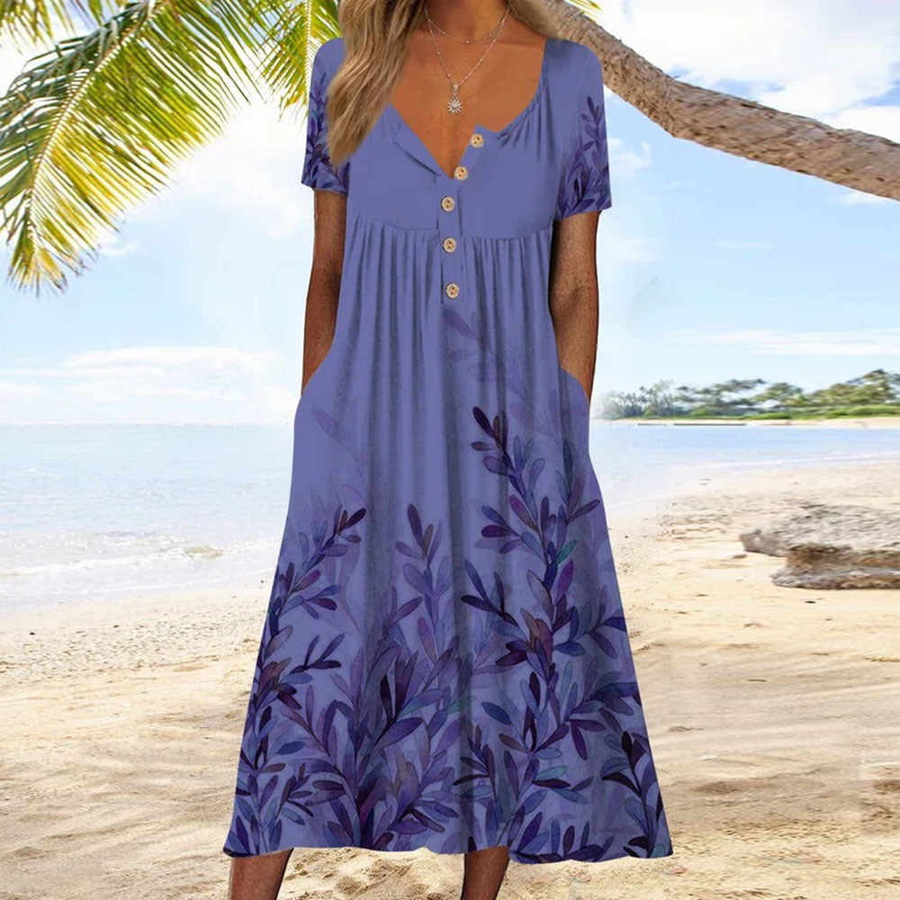 V-Neck Women's Dress with Printed Design and Button Pocket