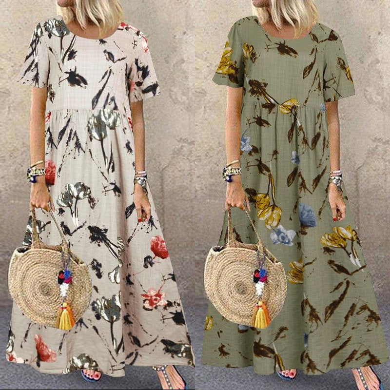 Printed Round Neck Short Sleeve Plus Size Loose Long Dress