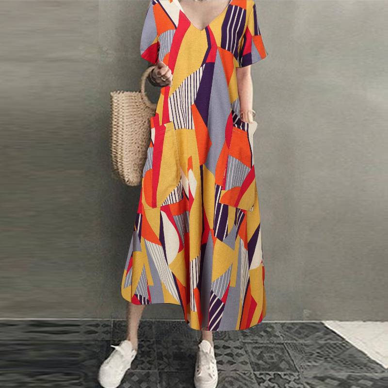 V-neck Long Shirt Dress with Print for Women