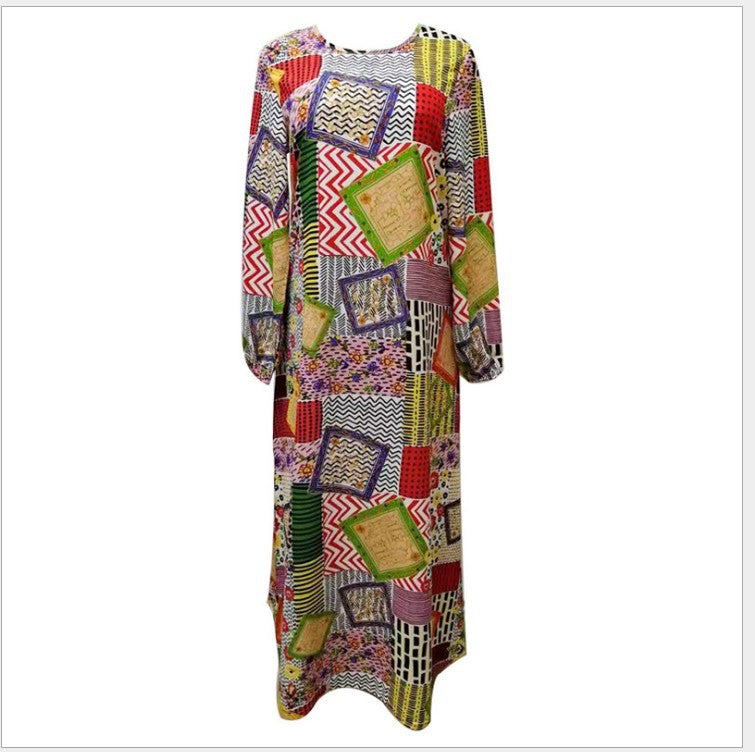 Patchwork Long-sleeved Plus Size Printed Bohemian Dress