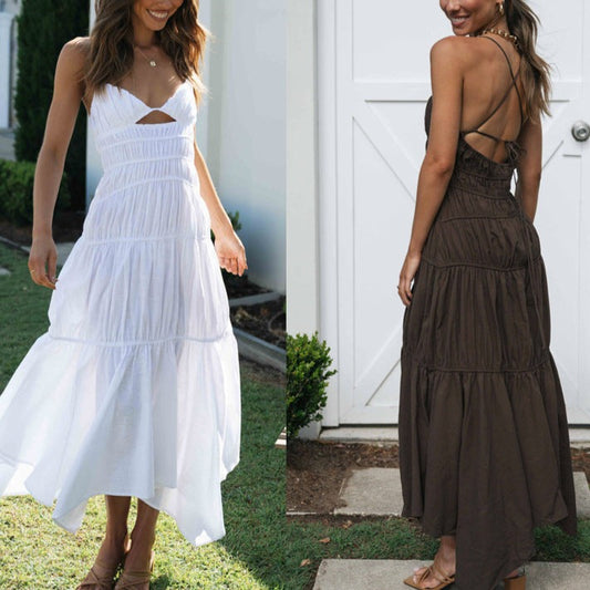 V Neck Back Strap Irregular Long Dress