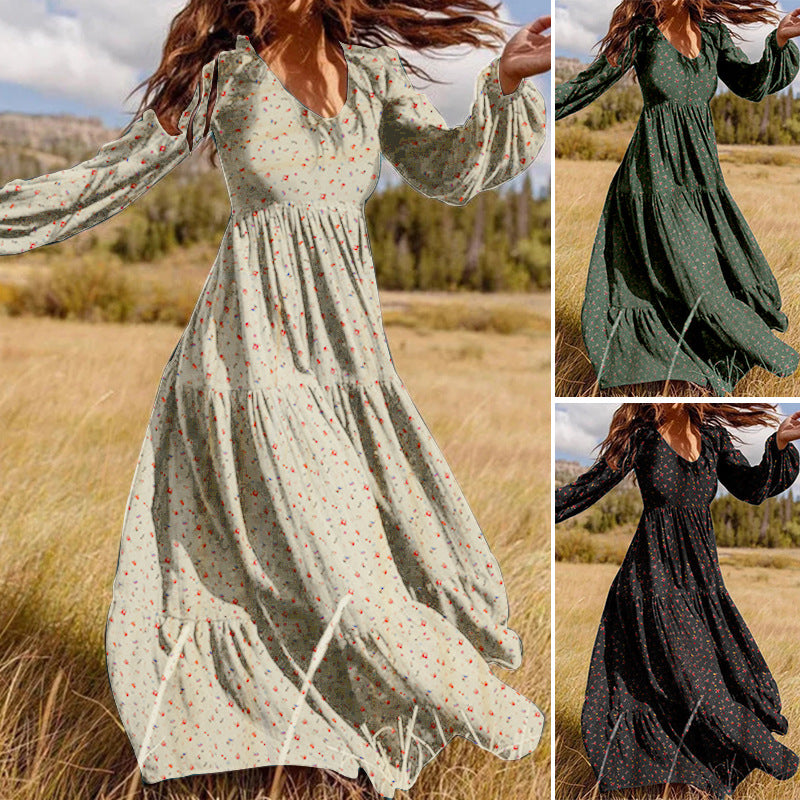 Women's Casual Chiffon V-Neck Pullover Dress with Large Swing and Elegant Temperament