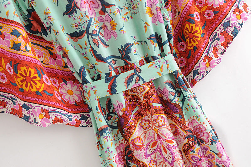 Printed Rayon Positioning Flower Bat Sleeve Kimono Printed Cardigan