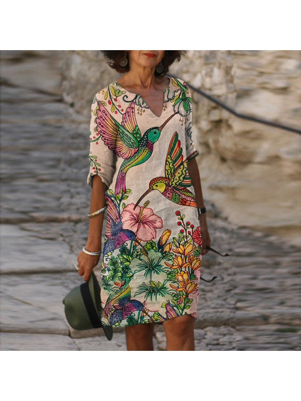 New Printed Mid-Length Dress for Women with a V-Neck